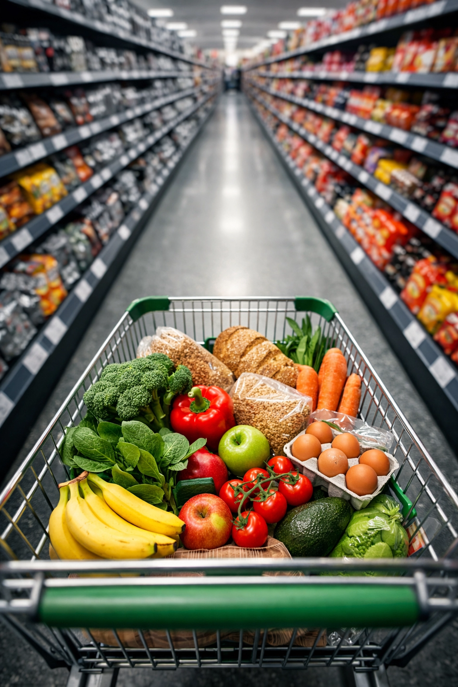 UK supermarket aisle showing ultra-processed foods versus fresh whole foods in shopping trolley