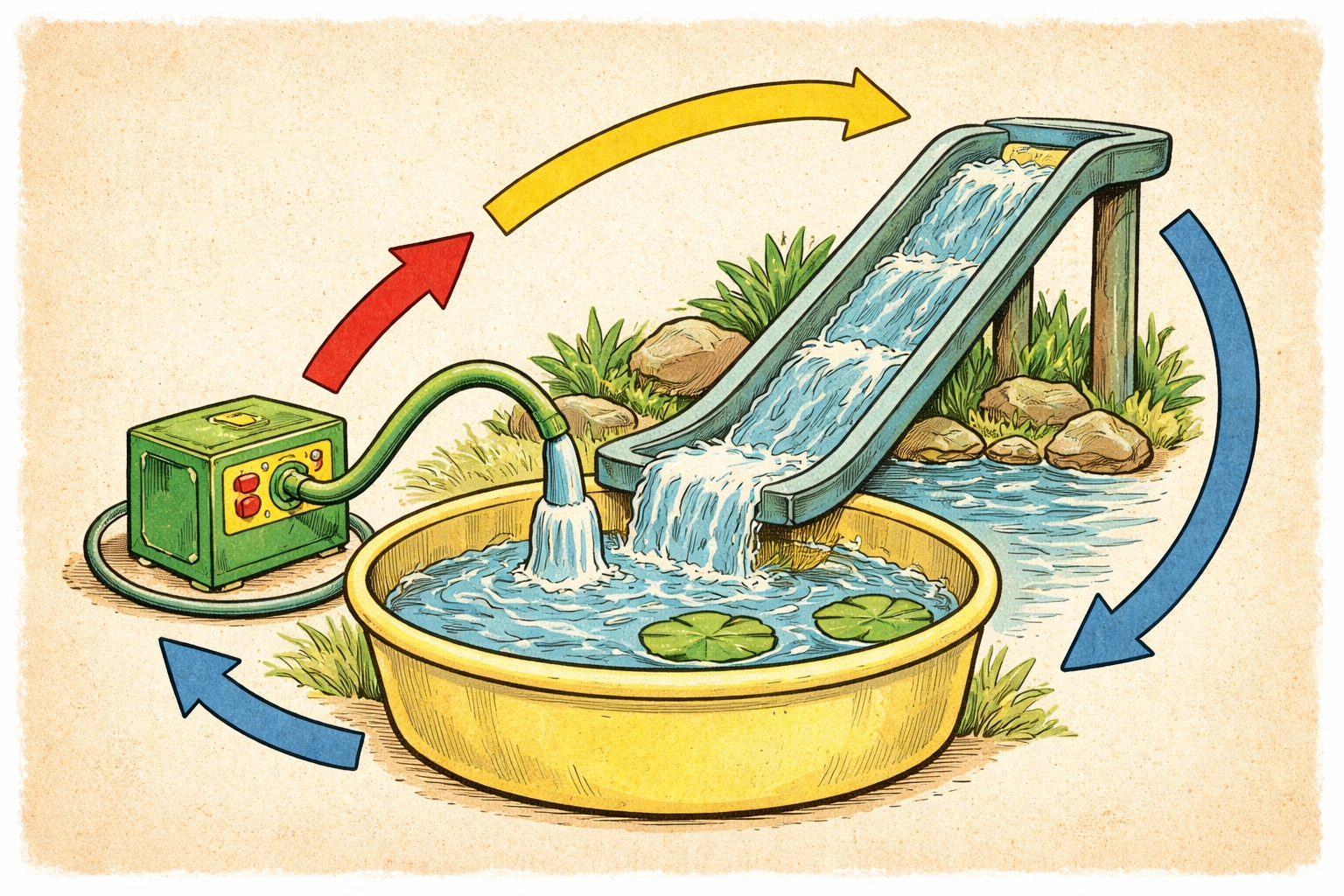 Vintage illustration of the NFT hydroponic water cycle, featuring a pump, sloped channel, growing lettuce, and arrows showing recirculation.