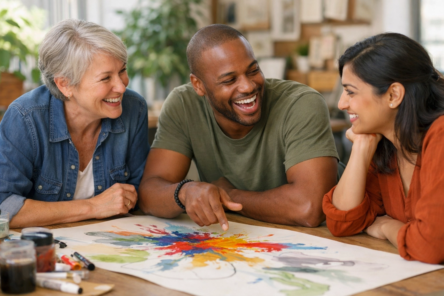 Colleagues laughing during a team-based creative exercise to improve collaboration and shared ownership.