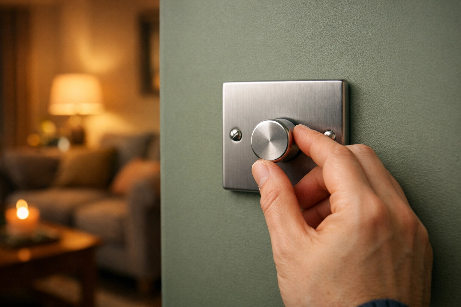 Adjusting a modern UK dimmer switch to save energy in a living room, installed by an electrician in Bournemouth.