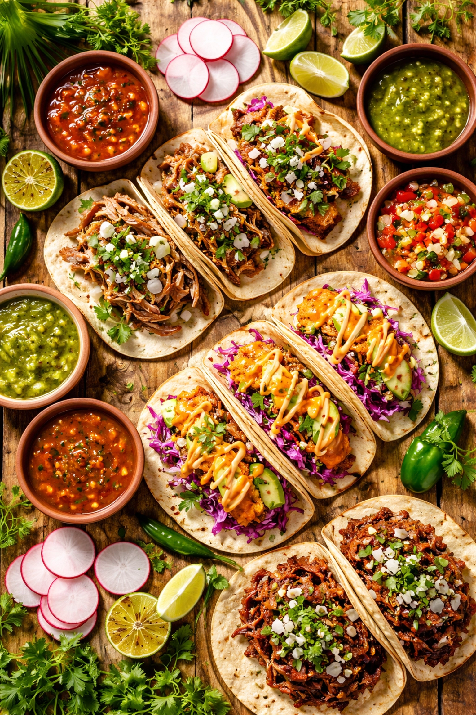 Assorted Puerto Vallarta tacos with fish, carnitas, barbacoa, and salsas on a rustic table