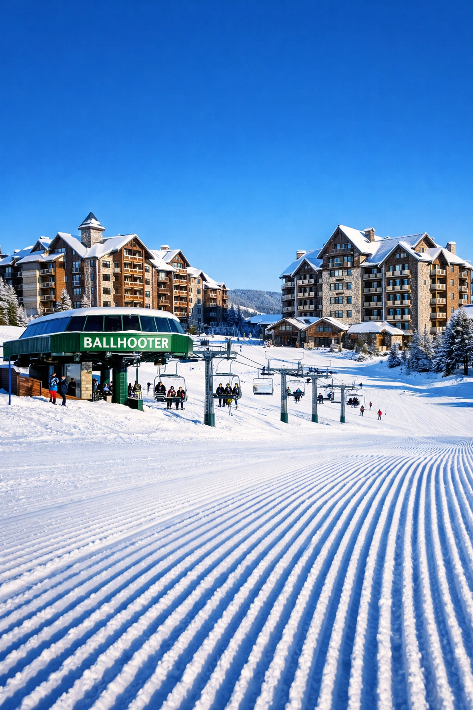 Wide-angle view of Snowshoe Mountain Village lodges and Ballhooter ski lift on a sunny morning.