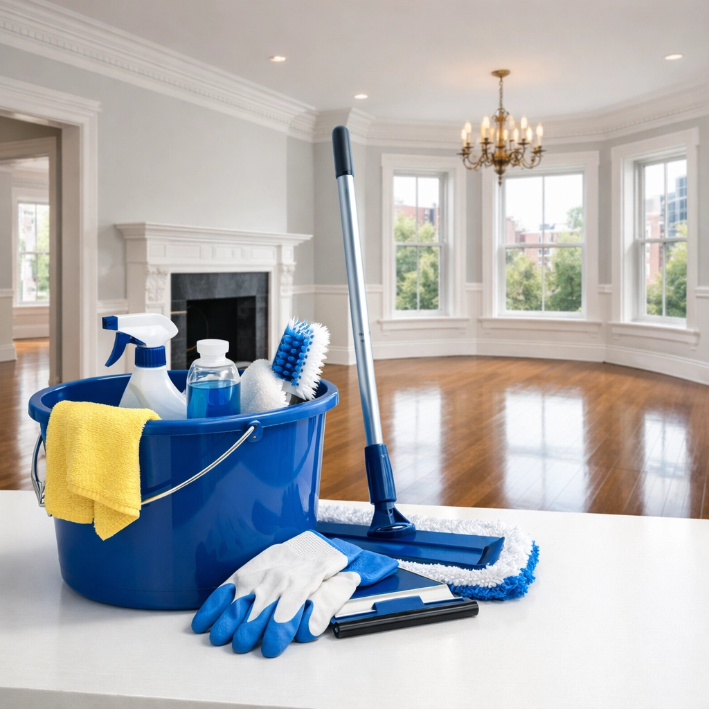 Professional cleaning tools in an empty Boston brownstone ready for a thorough move-in cleaning service.