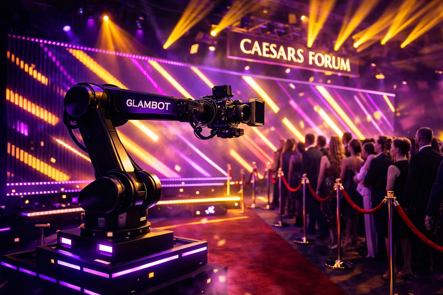Cinema robot Glambot setup on Caesars Forum rooftop terrace overlooking Las Vegas Strip