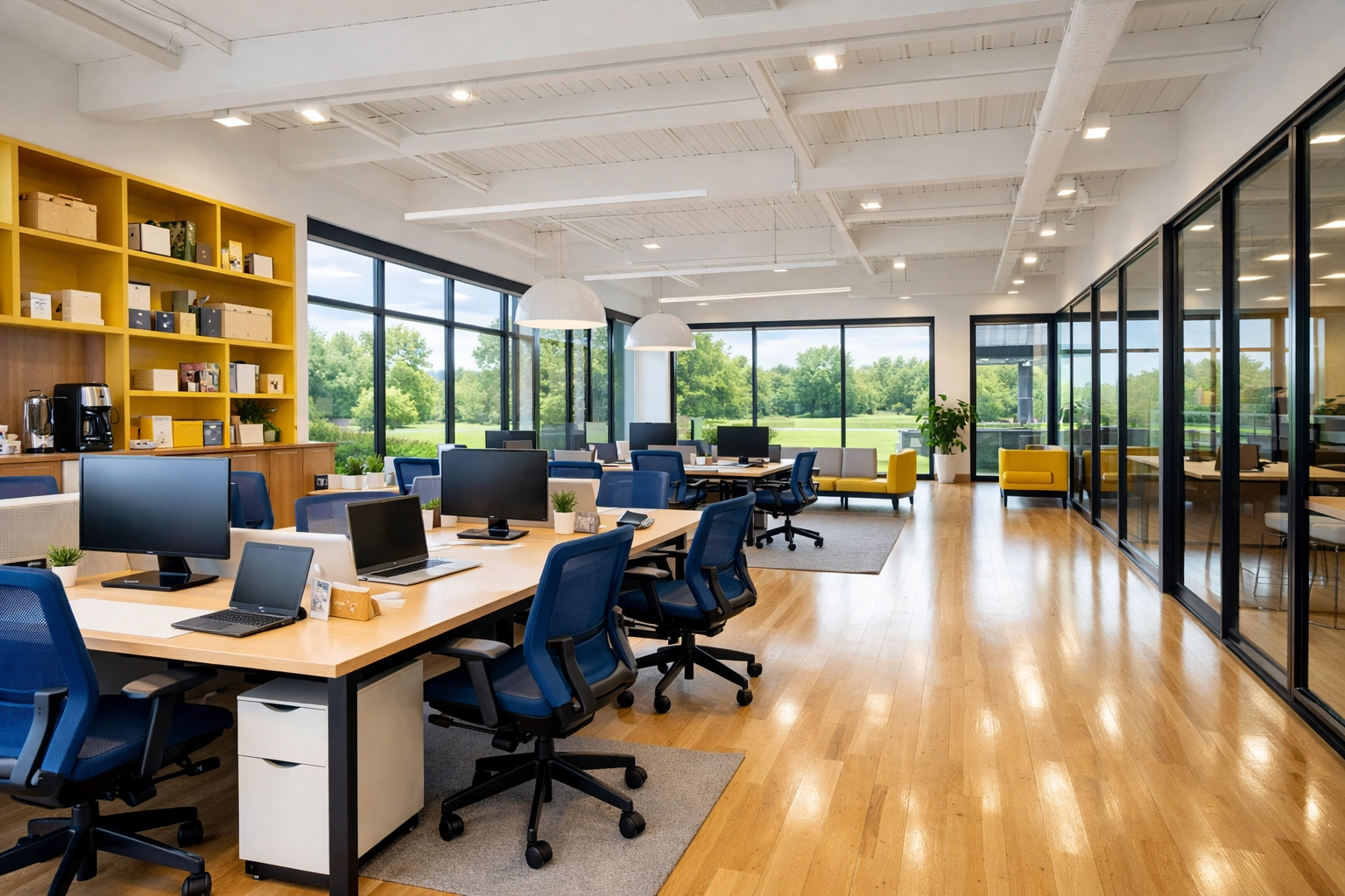 Clean and dust-free collaborative workspace in Paxton, MA, illustrating expert commercial cleaning services.