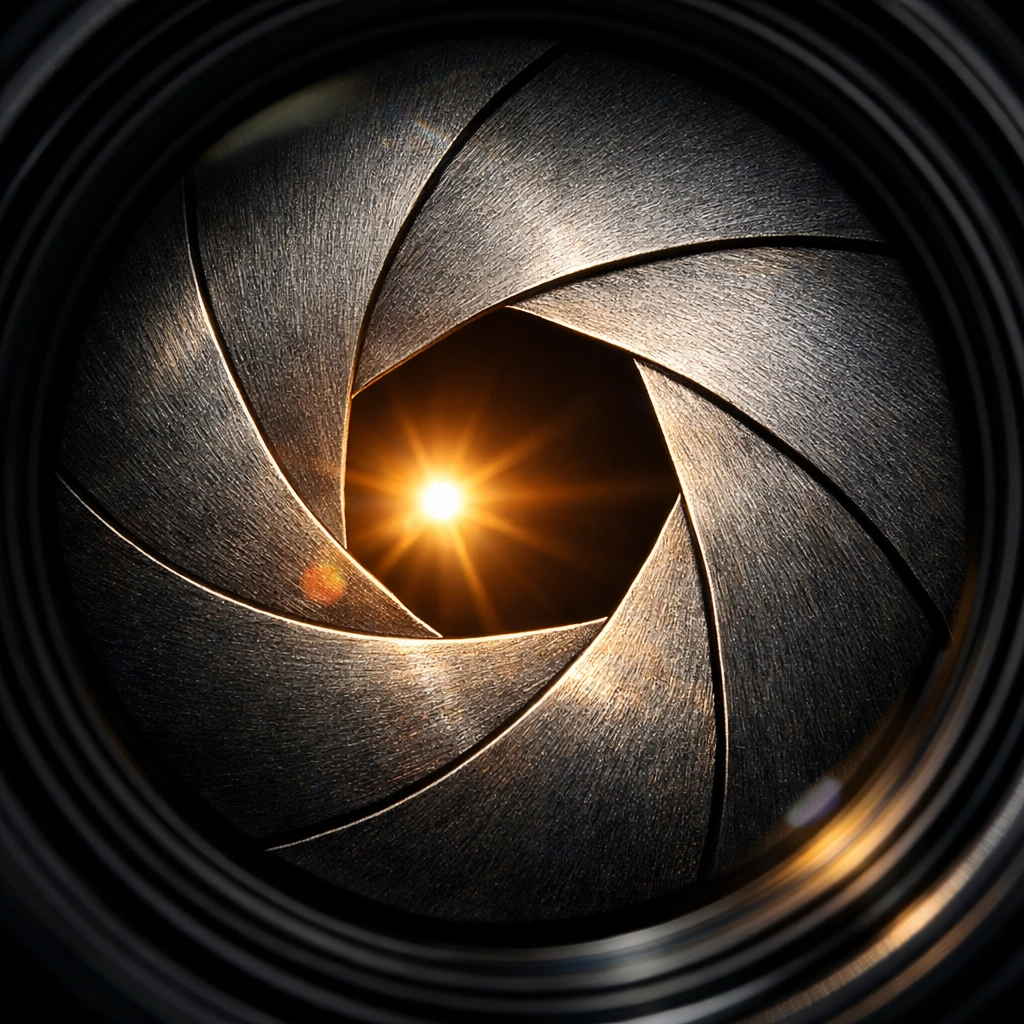 Close-up of camera lens aperture blades illustrating lens settings for Manual Mode 101.