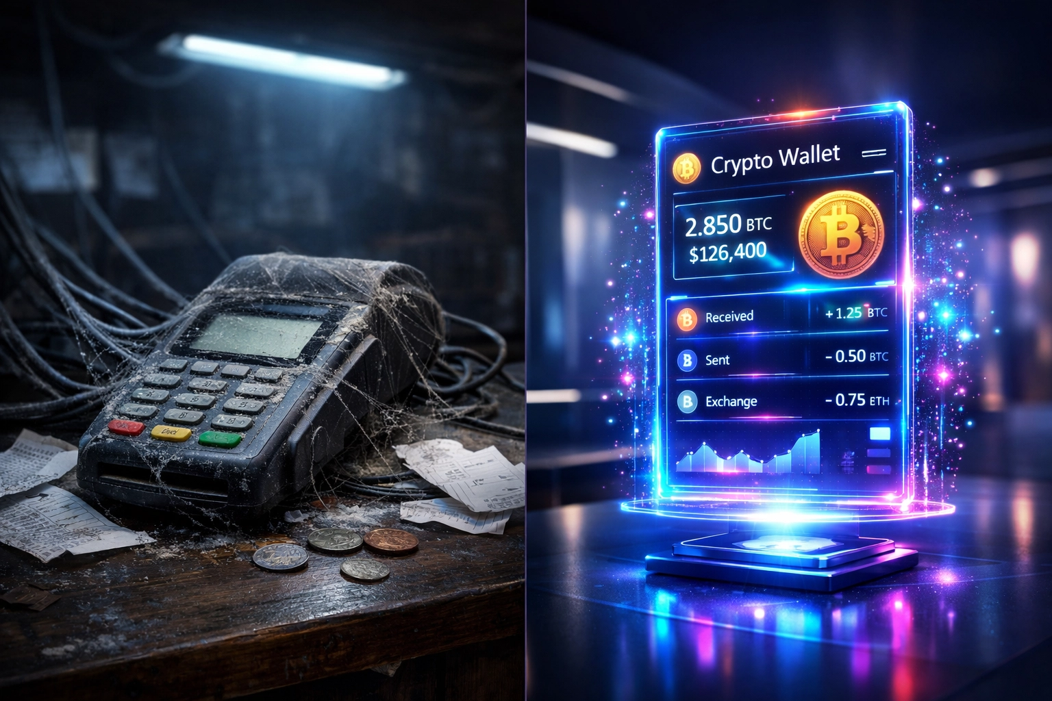 Traditional credit card terminal versus modern crypto wallet comparison for payment processing