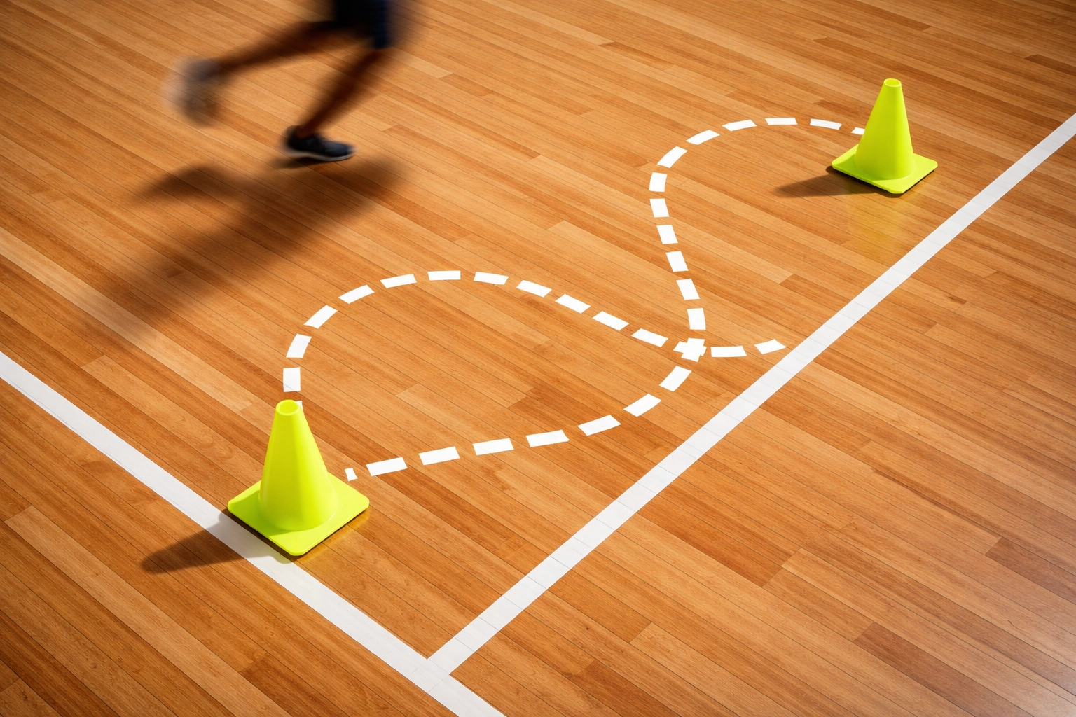 Overhead view of three yellow cones in an L-shape for the 3-Cone Drill agility exercise