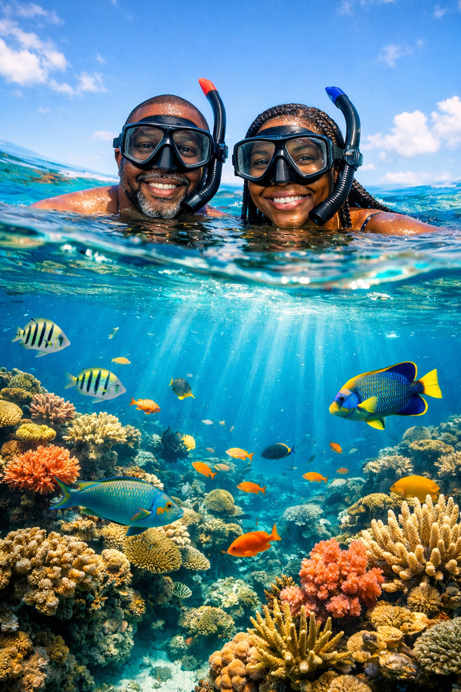 Couple snorkeling in crystal-clear tropical waters at luxury resort destination