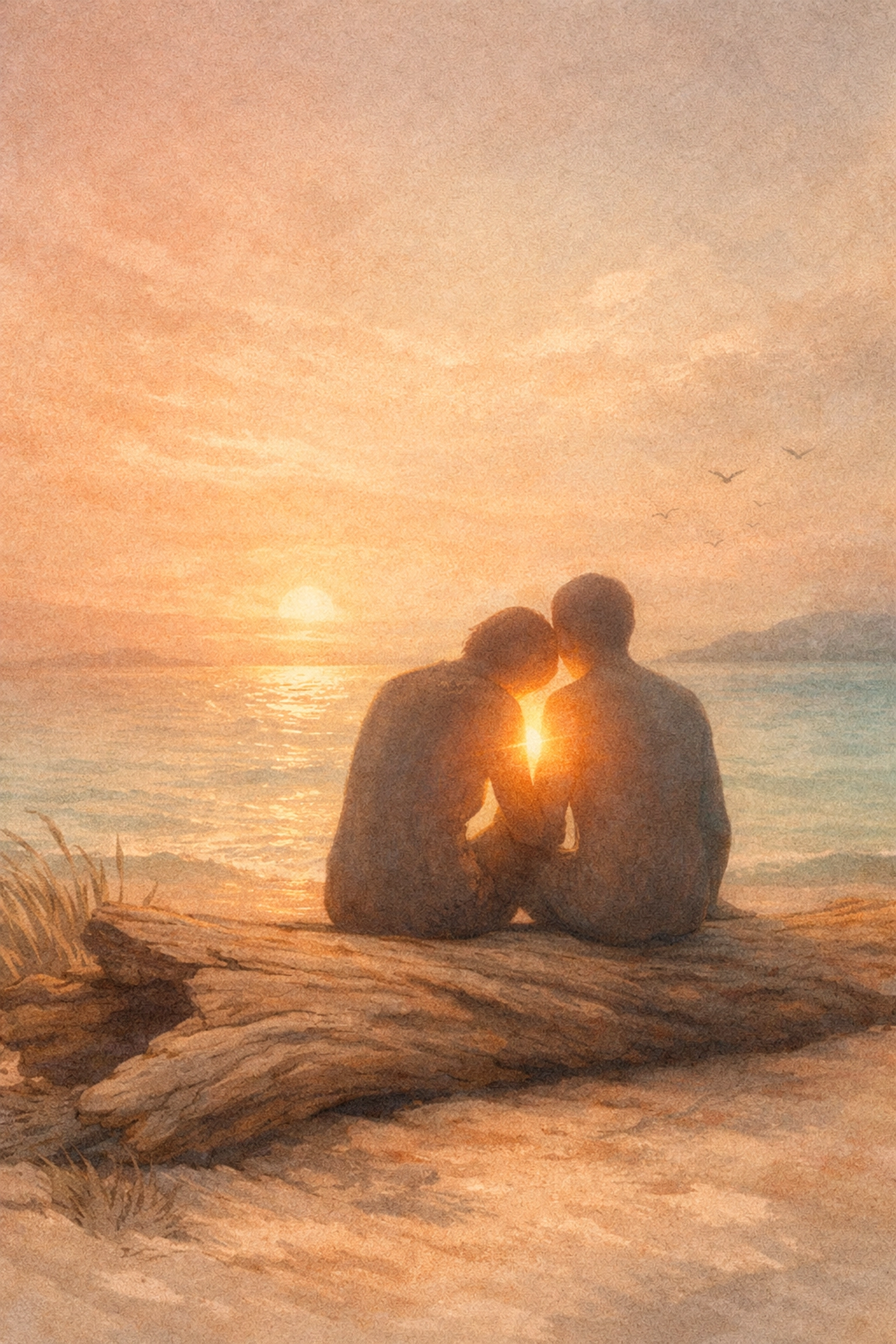 Two people sitting by the sea at sunset, representing empathy and the journey of personal growth.