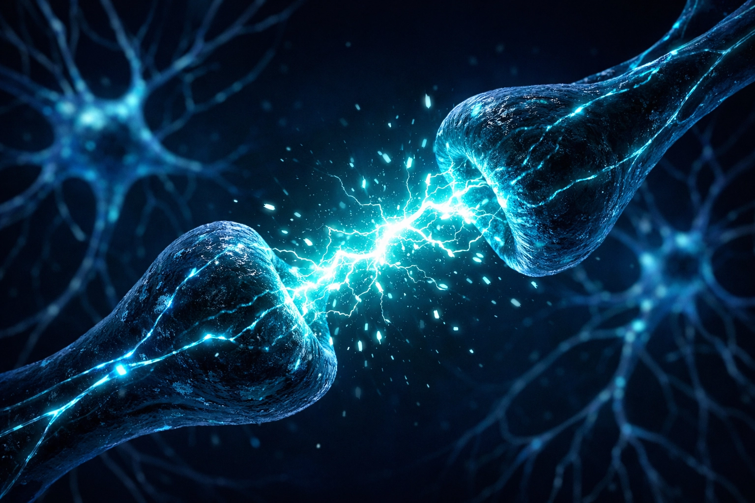 Electric sparks across a brain synapse representing choline fueling acetylcholine for faster neurotransmission.