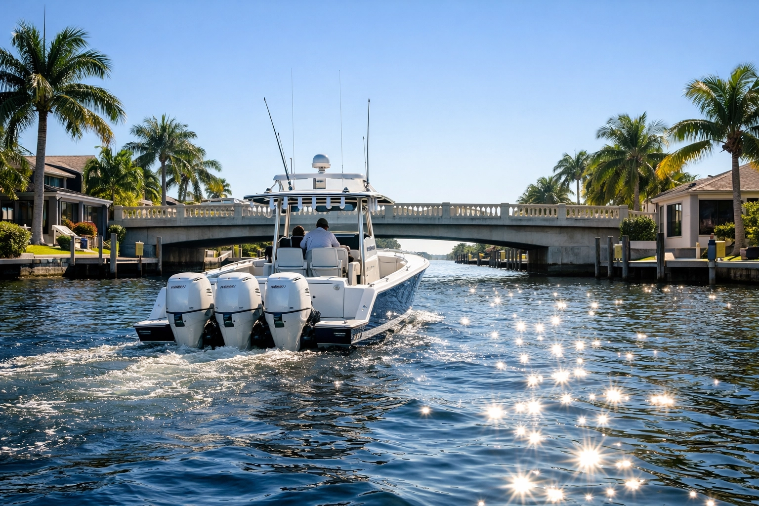 Luxury boat navigating a Cape Coral canal near a residential bridge with boat clearance limits.