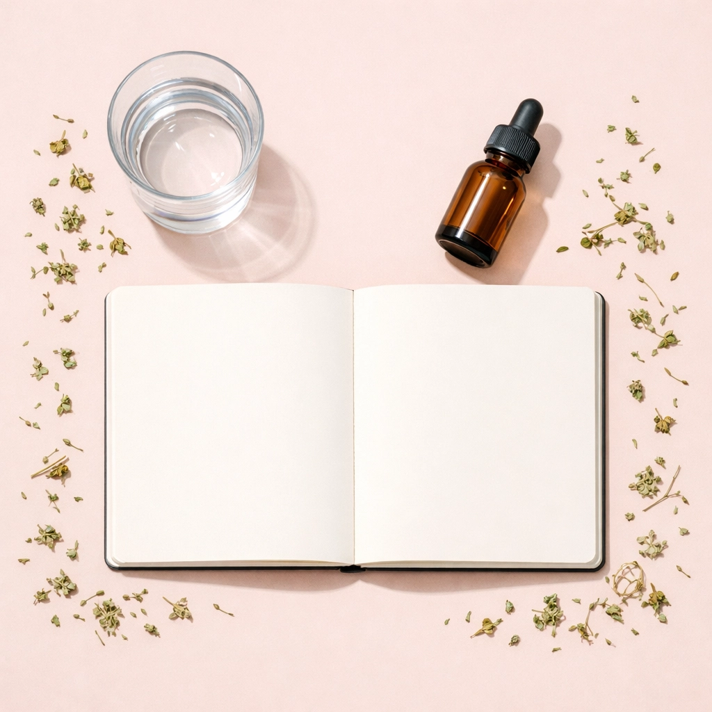 Notebook with adaptogen supplement bottle and herbs showing careful planning for safe supplement use