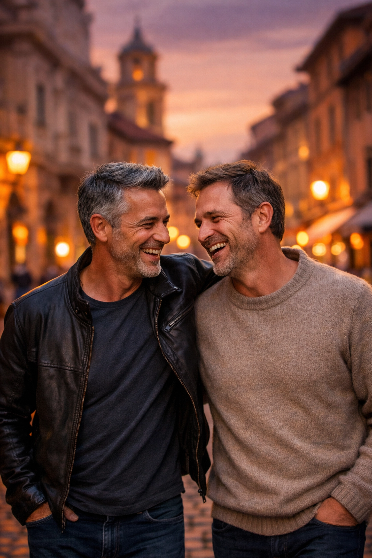 Two men in their 40s walking together on European street - mature gay love story