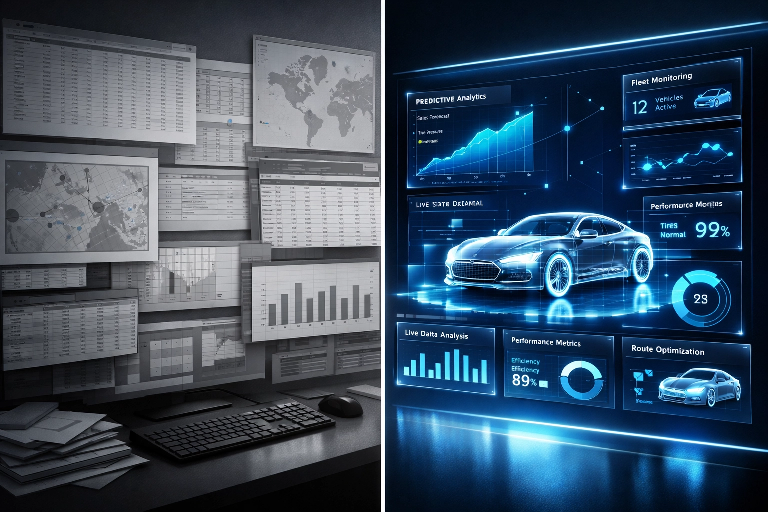 Comparison of traditional fleet dashboard versus modern AI telematics analytics interface