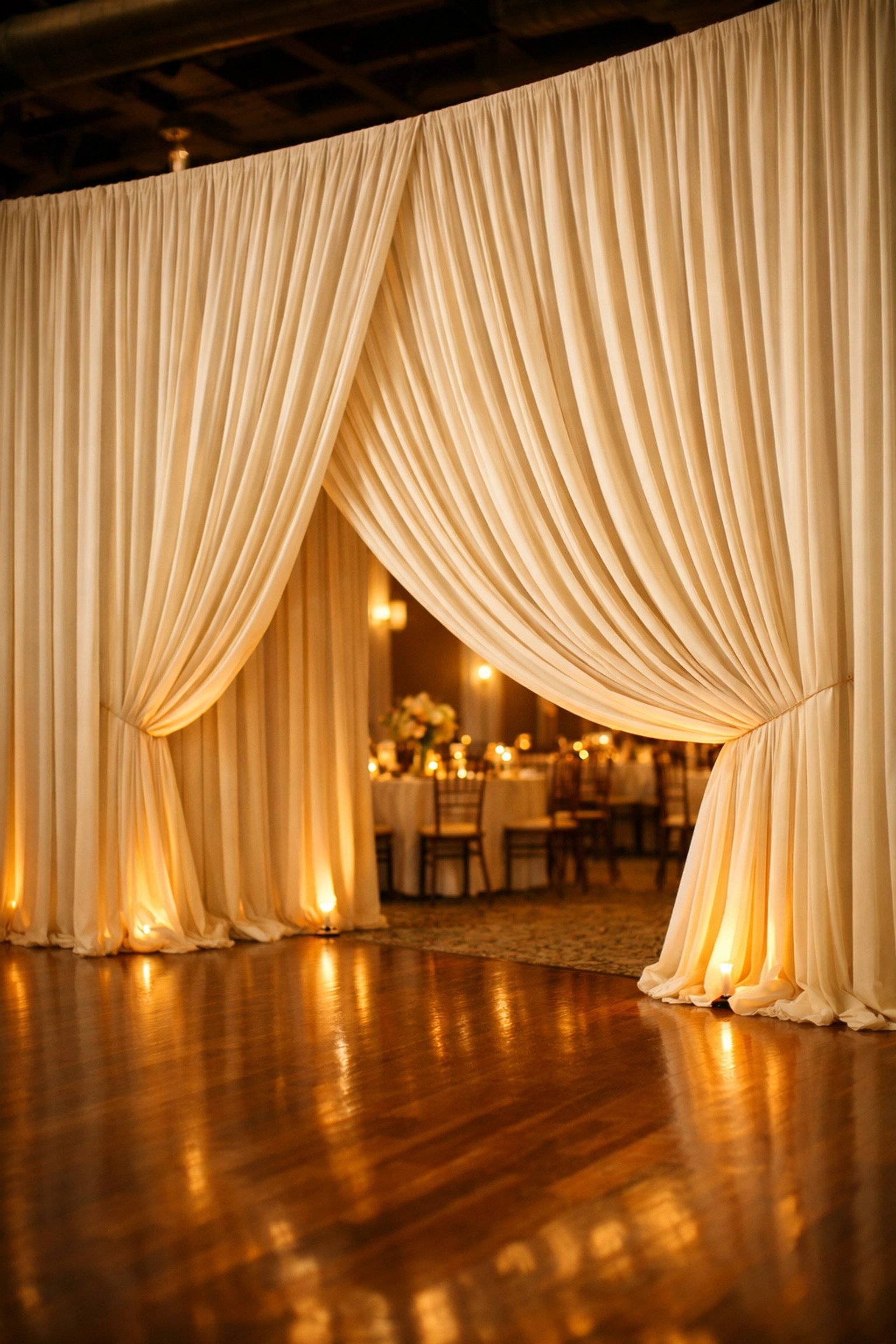 Elegant ivory pipe and drape rental in Fort Wayne transforming a large Northeast Indiana venue into an intimate space.