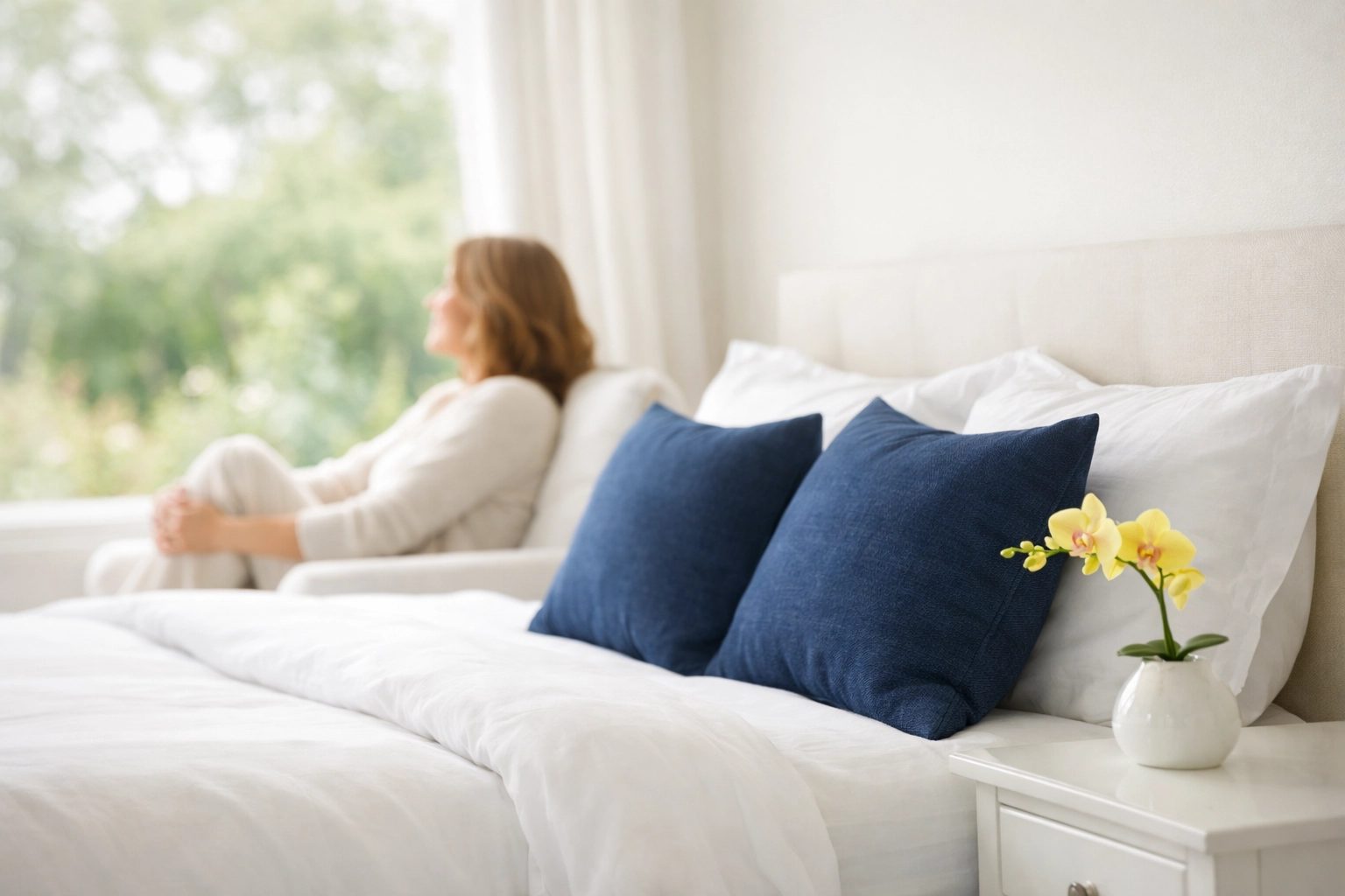 A clean, peaceful bedroom with fresh linens, showing the relaxation benefits of a professional cleaning service.