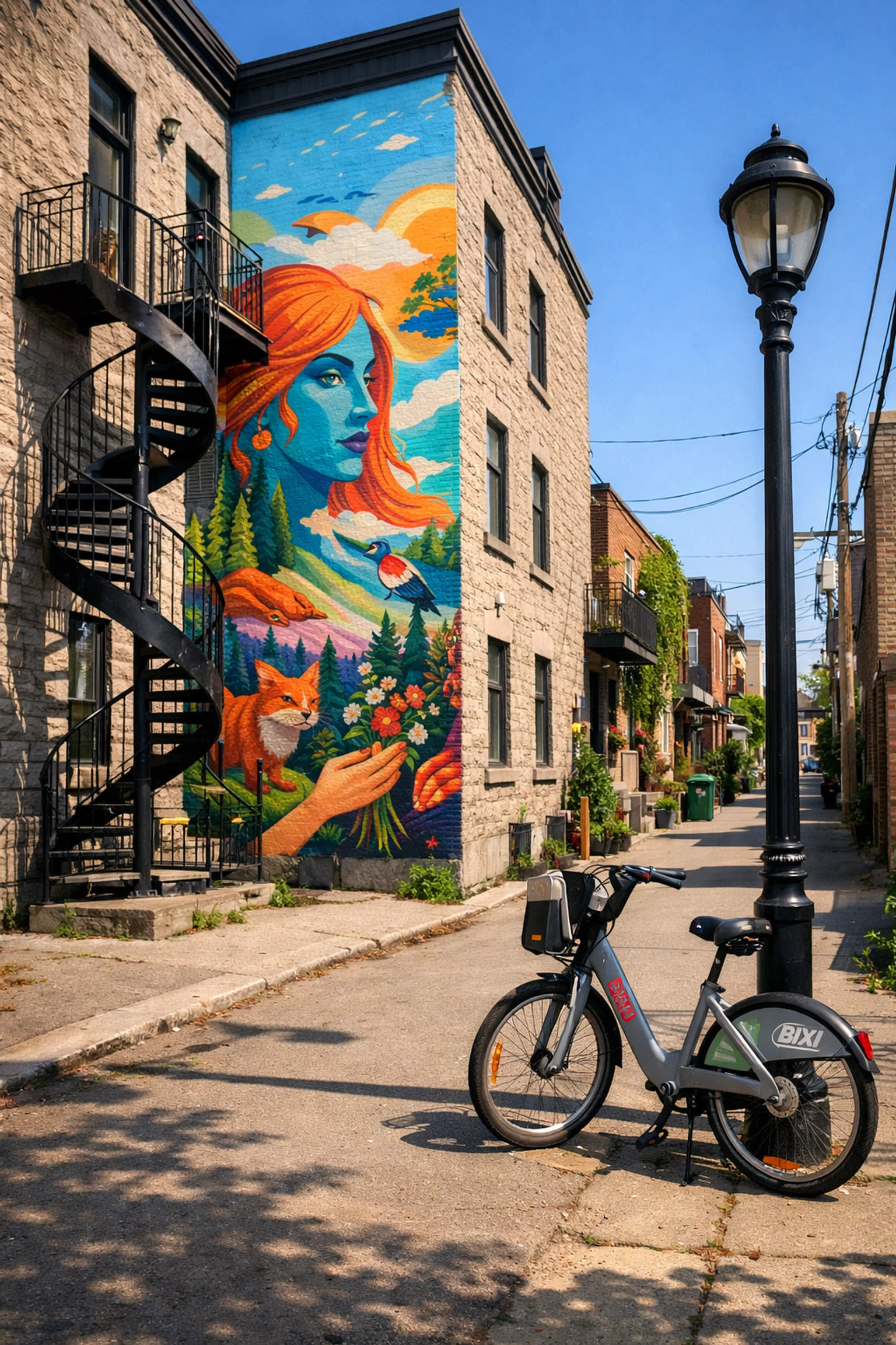 Vibrant street mural and a BIXI bike in a sunny Plateau-Mont-Royal neighborhood alley.