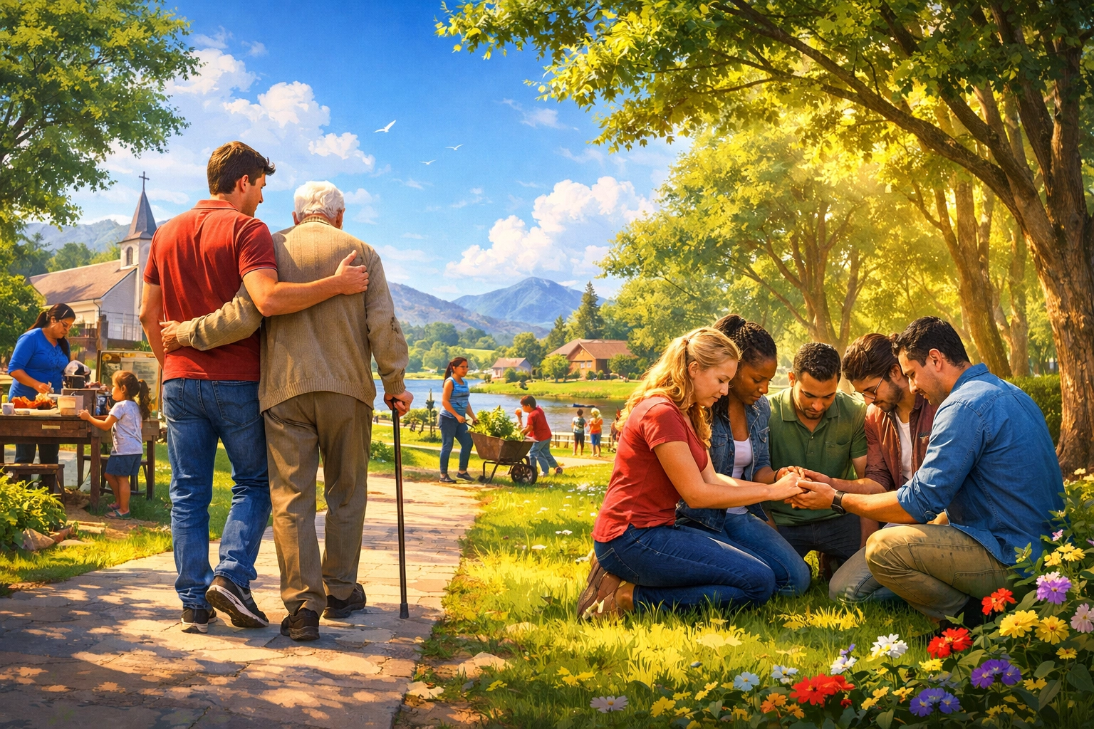 Believers putting faith into action by serving neighbors and praying together in a bright park.