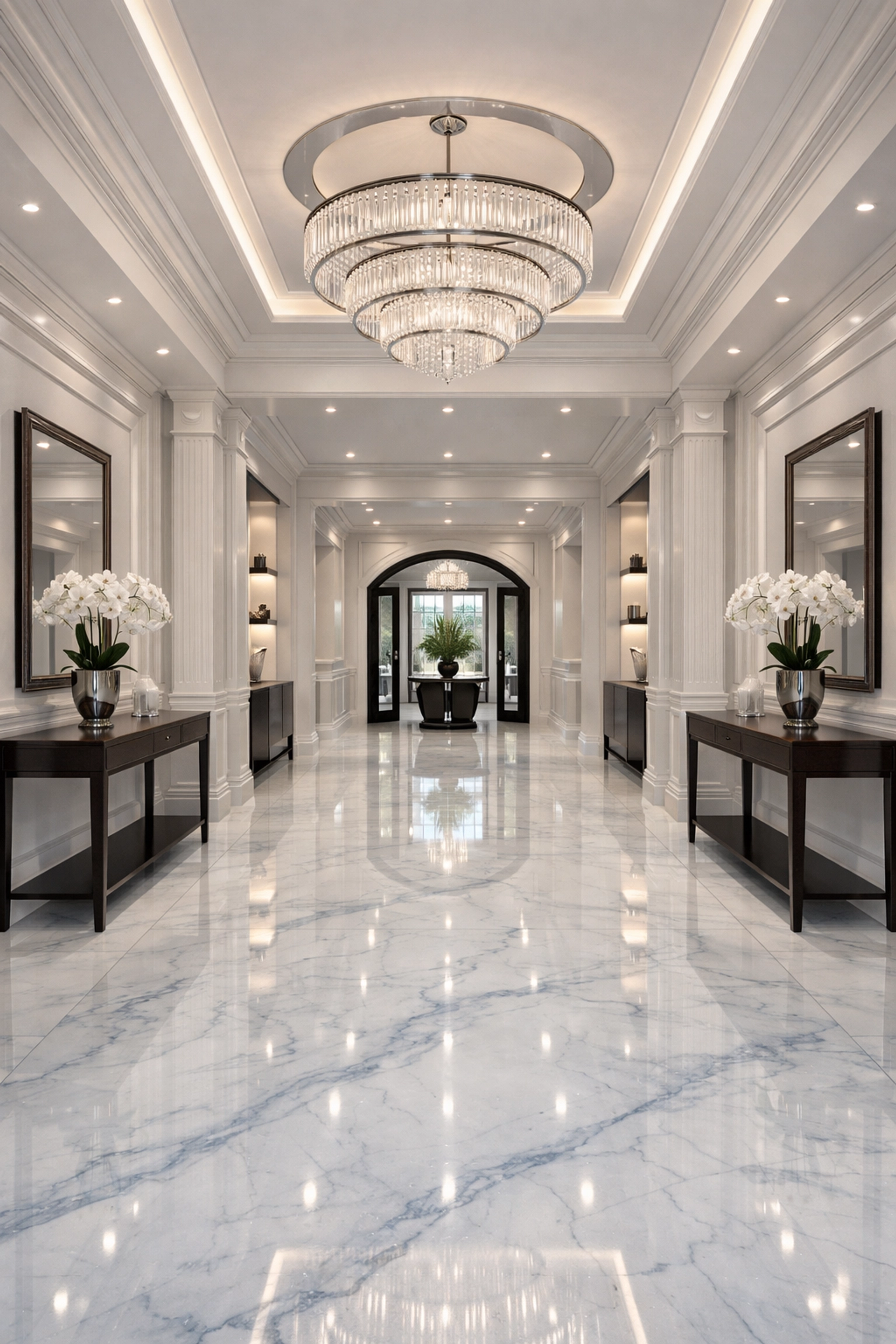 Immaculate marble foyer of a luxury home showcasing the precision of premium cleaning in Lunenburg MA.