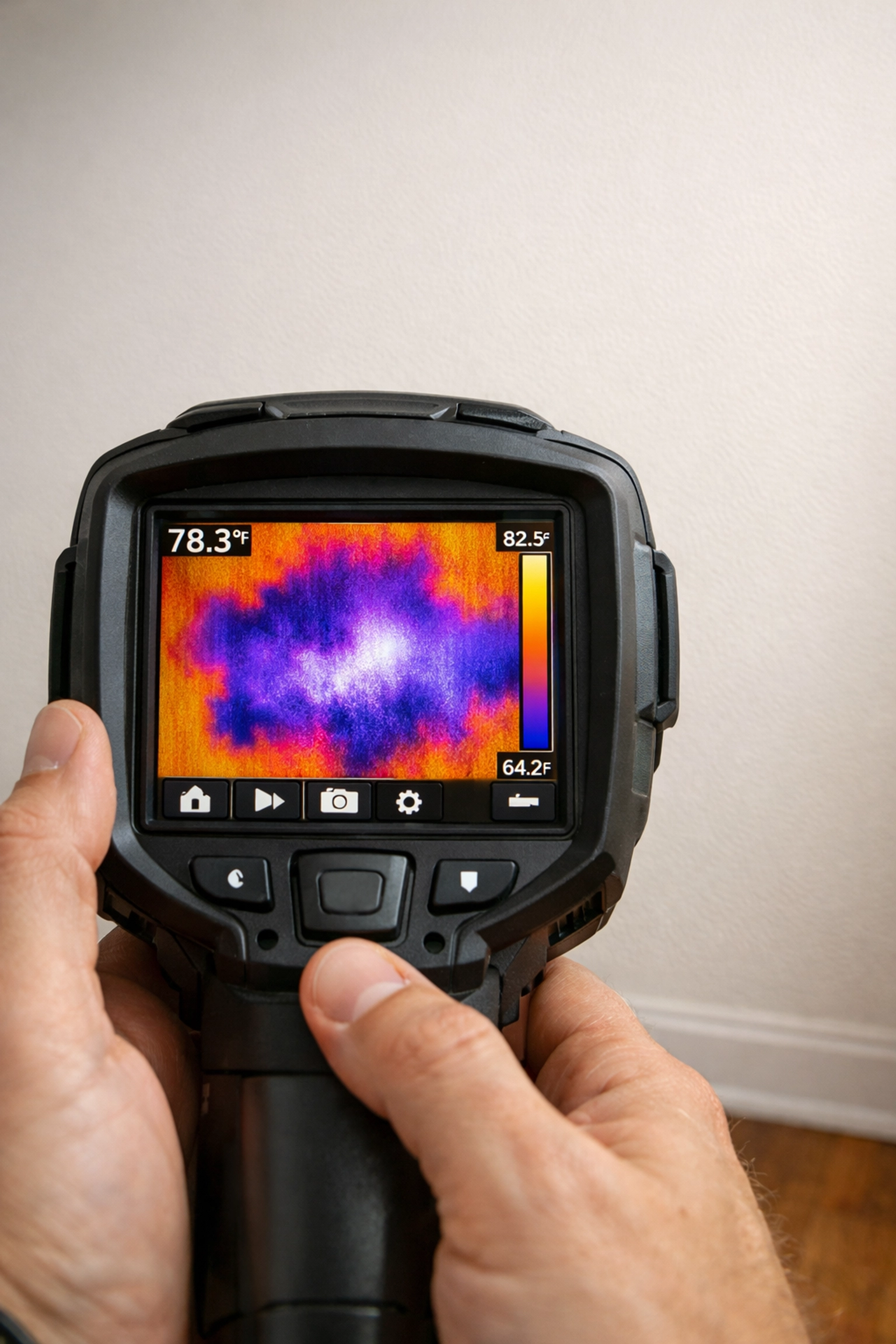 Infrared camera detecting hidden moisture behind a wall during water damage restoration to prevent mold remediation.