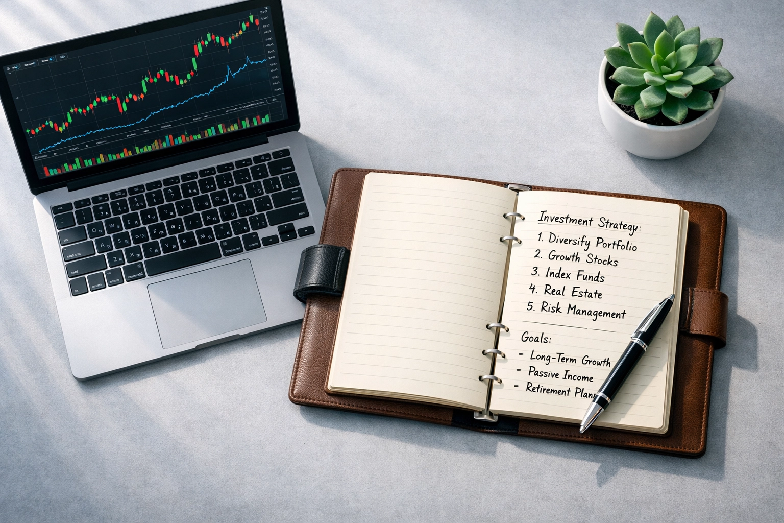 Self-directed IRA planning workspace with investment documents and financial charts