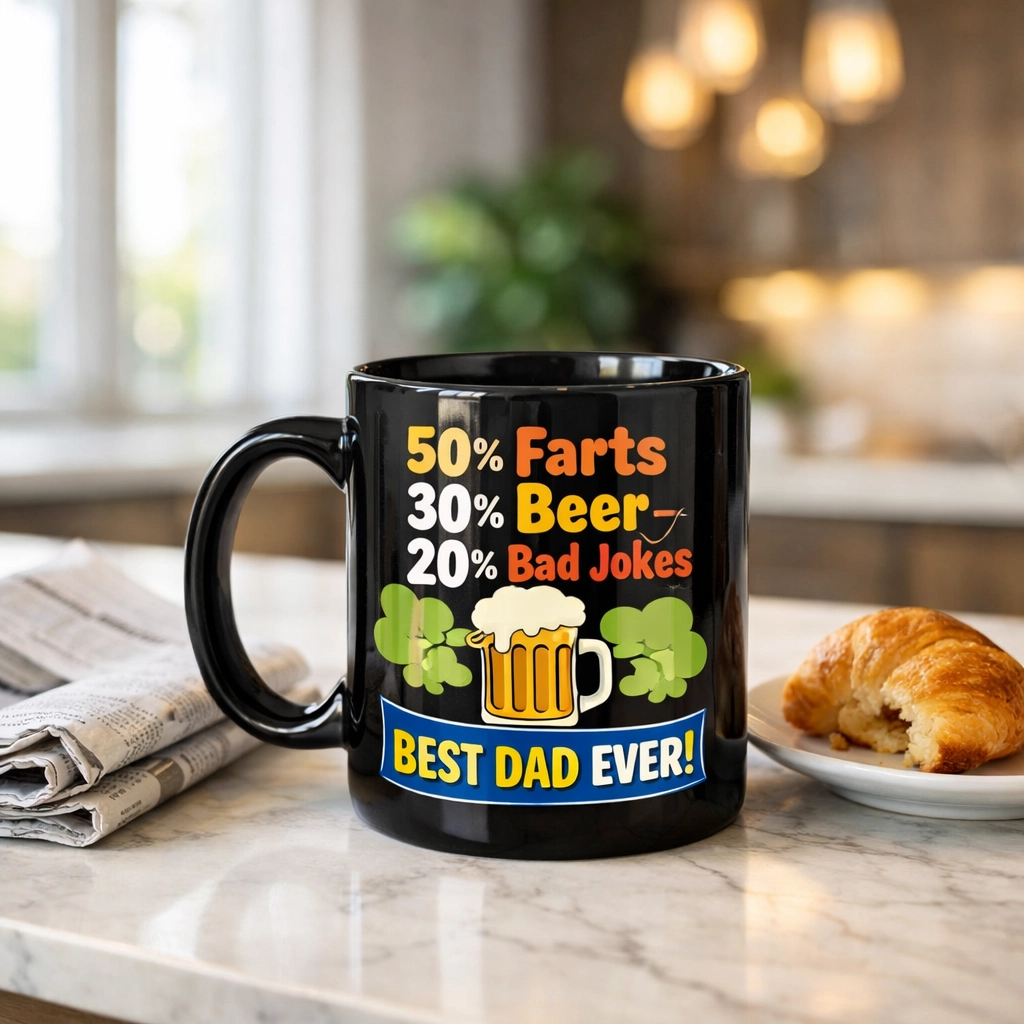 A funny mug for dad featuring cheeky jokes about farts and beer, styled as a novelty gift on a kitchen counter.