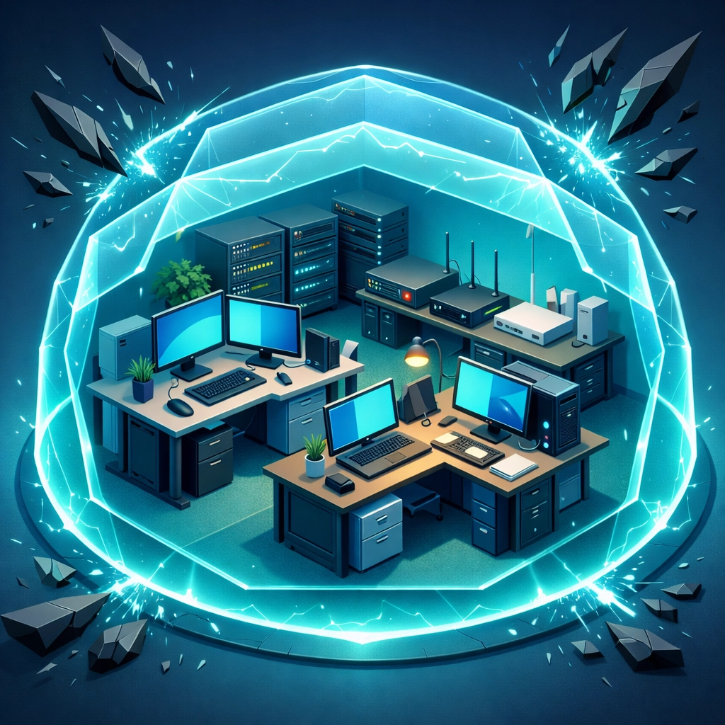 Modern office protected by a glowing digital shield representing proactive cybersecurity and network resilience.