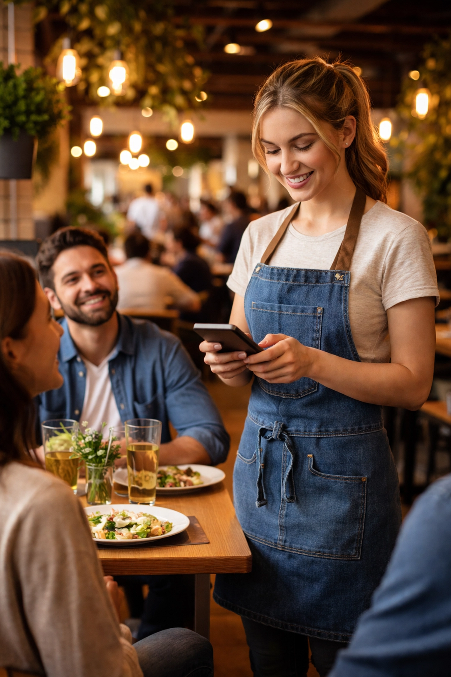 Restaurant server using Epos Now handheld POS device for easy tableside payment and order management