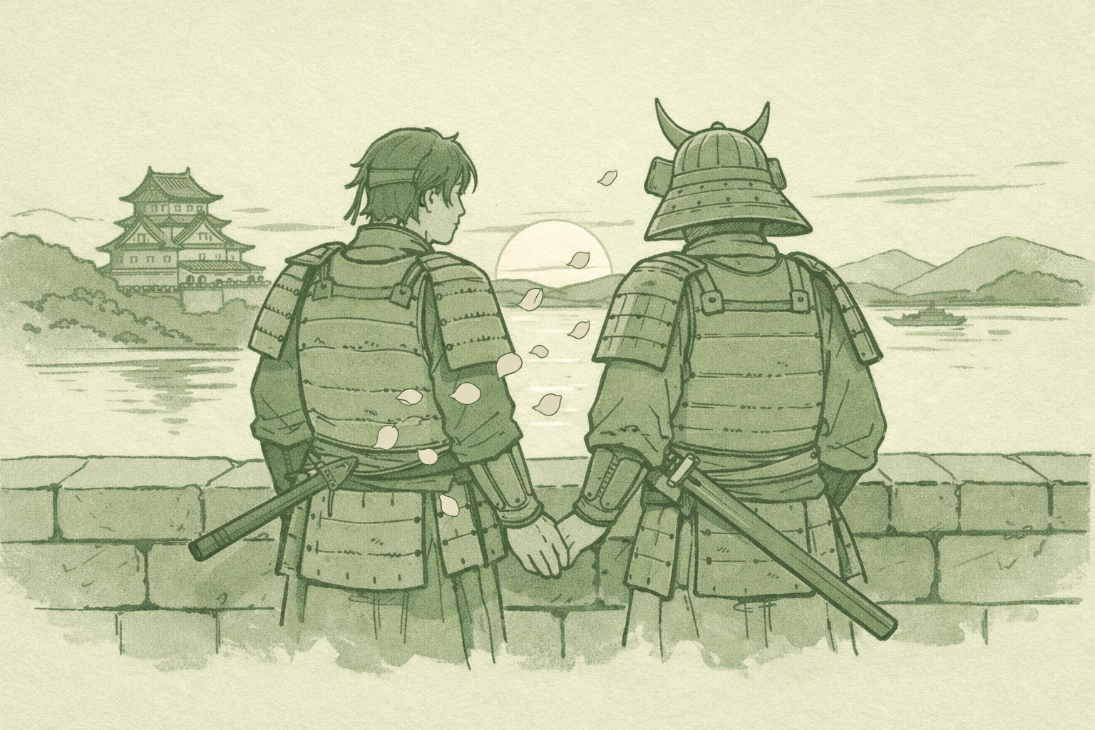 Samurai warriors on castle wall at sunset with cherry blossoms, feudal Japan MM romance