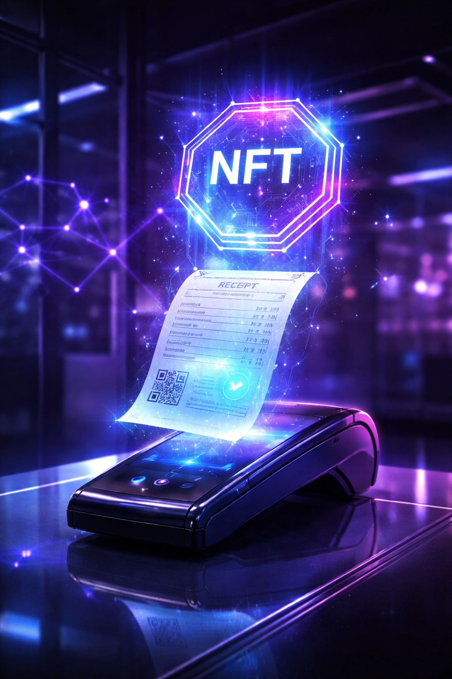 Digital NFT receipt transforming at a merchant terminal, illustrating blockchain’s role in secure, verifiable transactions.