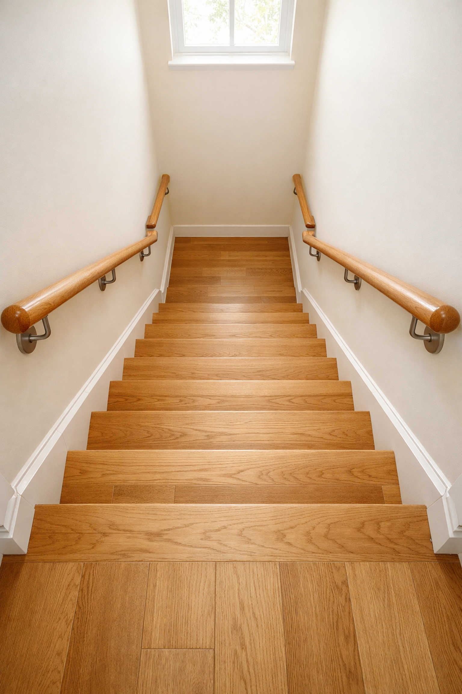Dual wooden handrails on a bright staircase providing bilateral support for seniors.