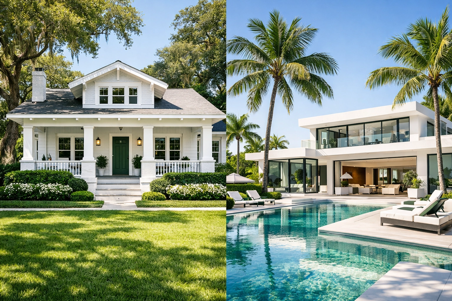 Renovated St. Petersburg bungalow and luxury Naples villa illustrating Florida investment property diversity.