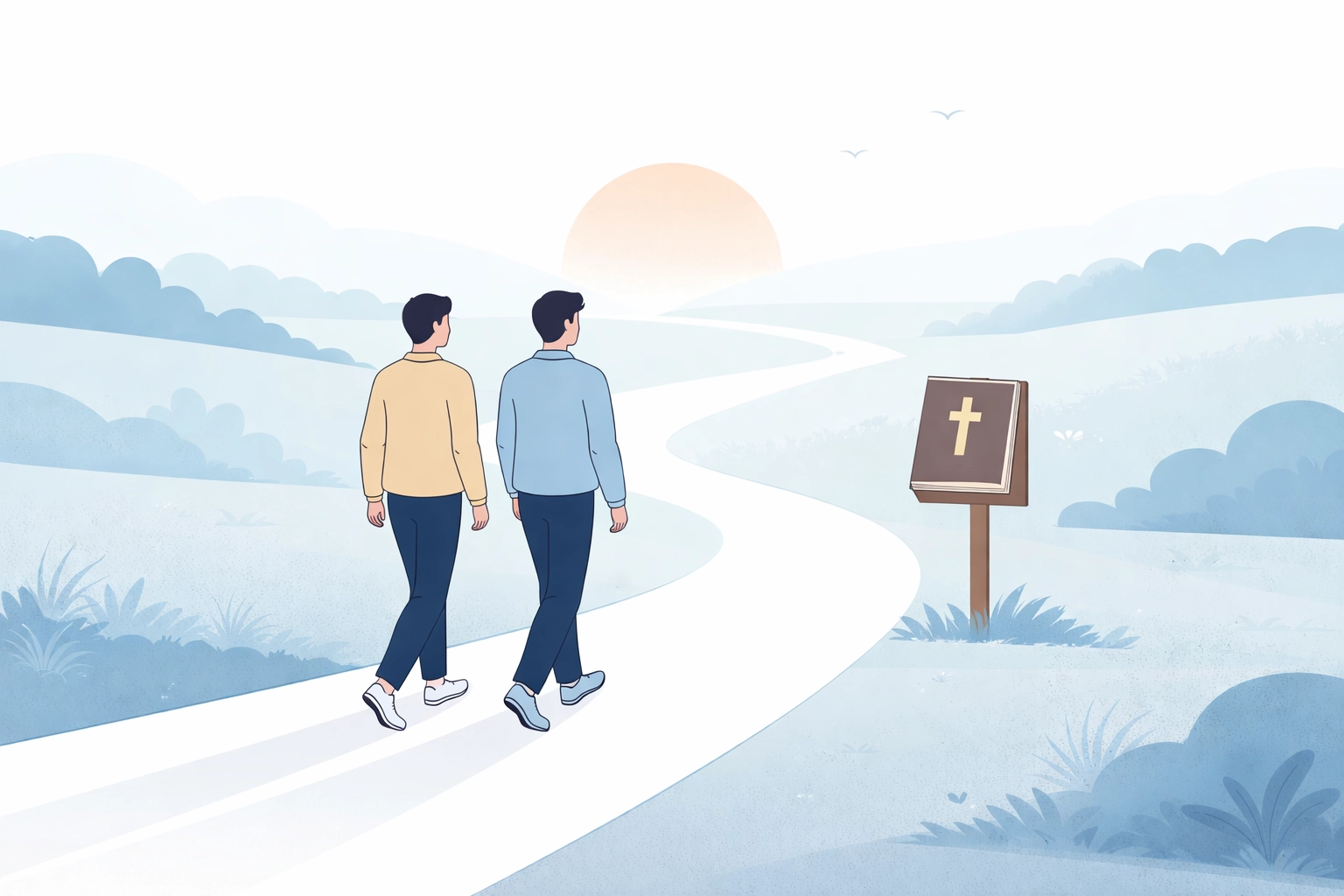 Illustration of two people walking together on a path symbolizing relational discipleship and guidance