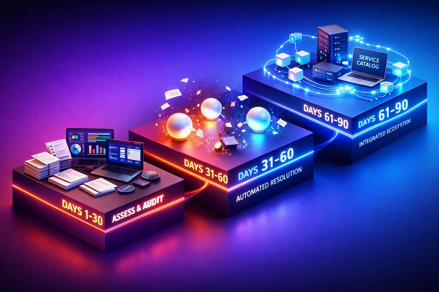 90-day ServiceNow ITOM implementation framework showing assessment, pilot deployment, and full integration phases