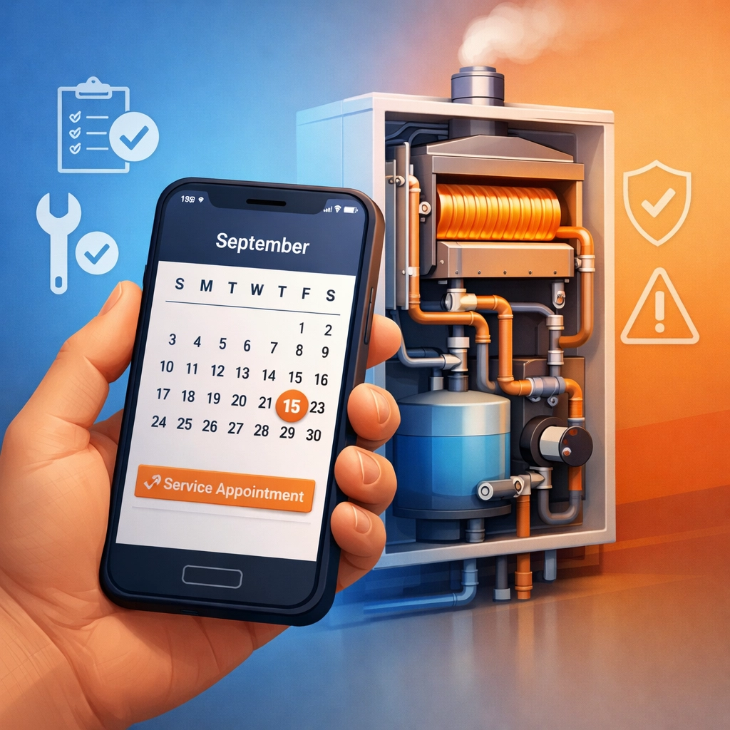 Annual boiler service booking on smartphone with boiler maintenance checklist