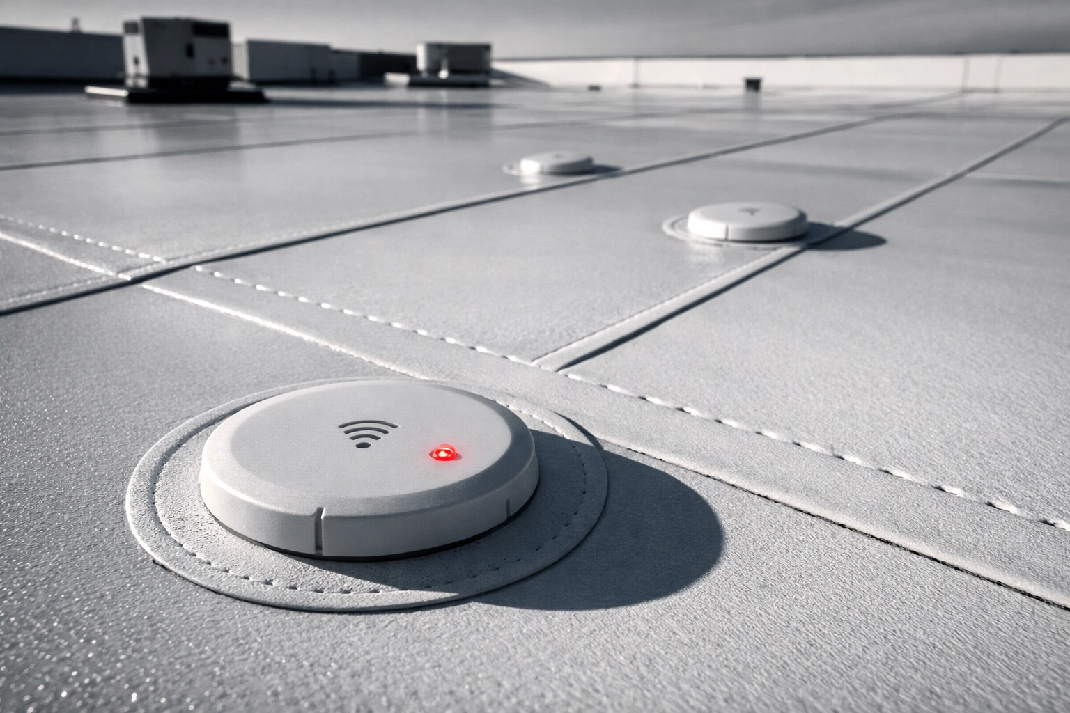 Smart moisture sensors embedded in commercial flat roof membrane for leak detection