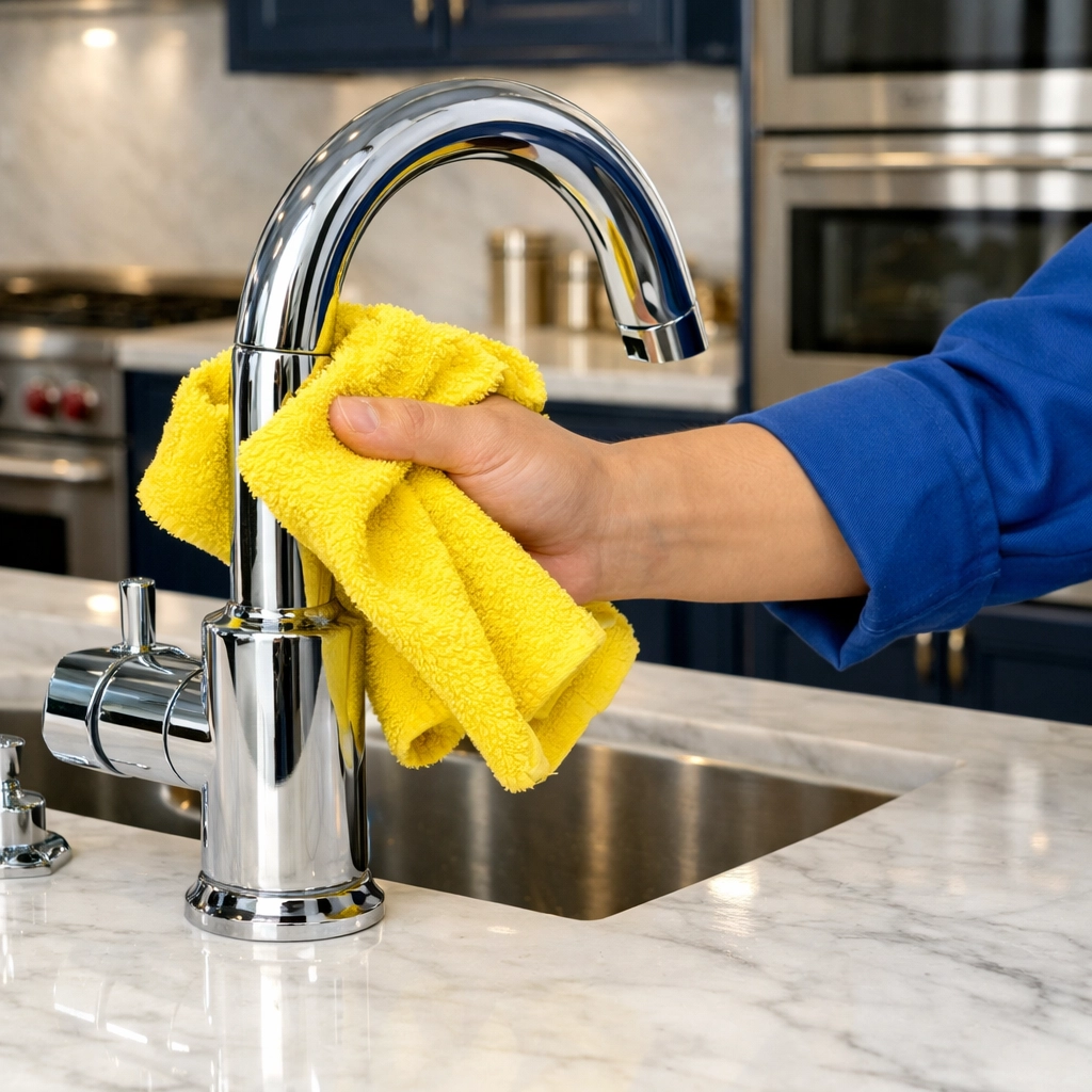Close-up of professional kitchen sanitization and surface wiping during a House Cleaning Shirley MA visit.