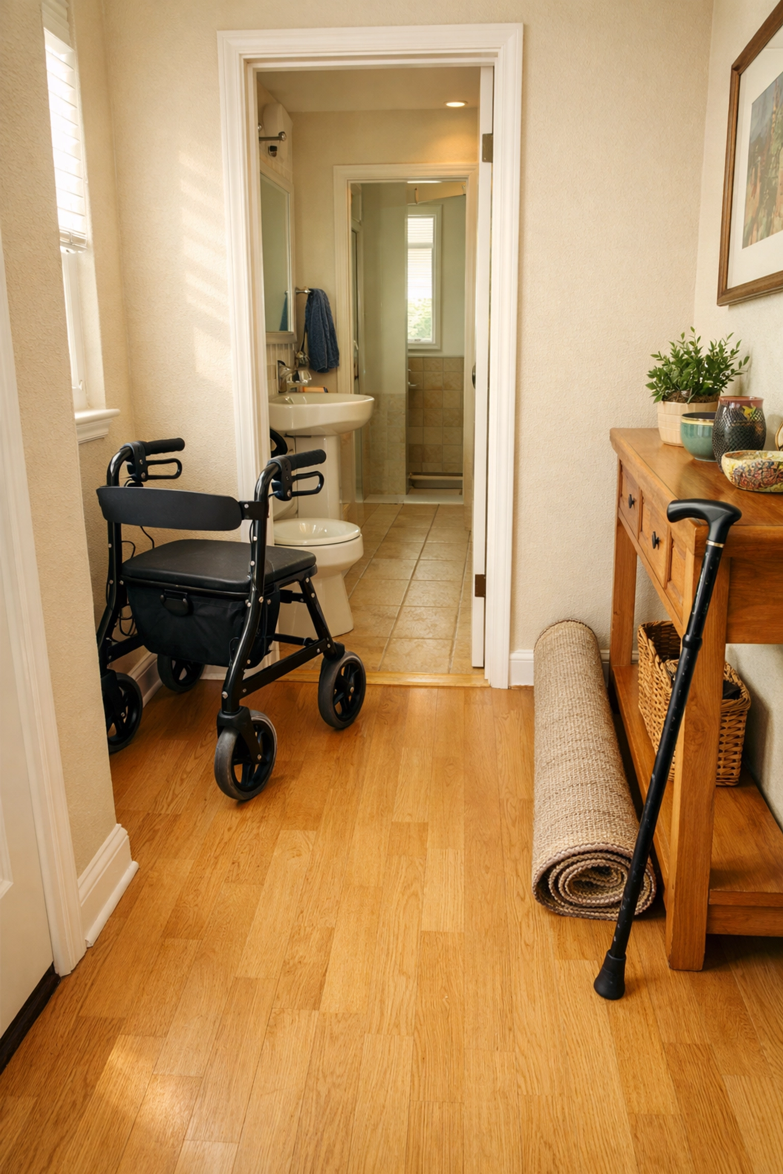A clear home hallway with a rollator and cane, showing a safe walking path free of rugs.