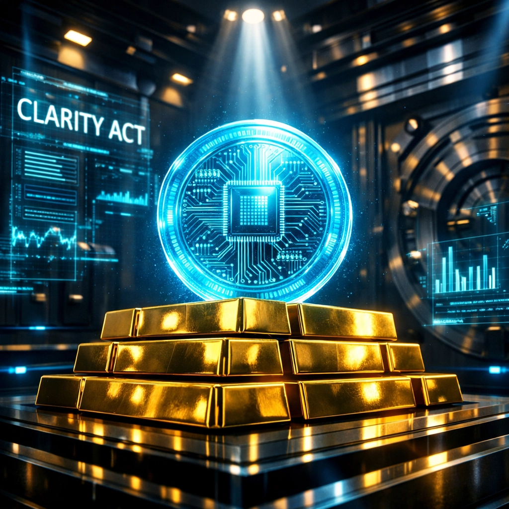 Secure vault with a Larecoin token on gold bars, illustrating its status as a regulated digital commodity.