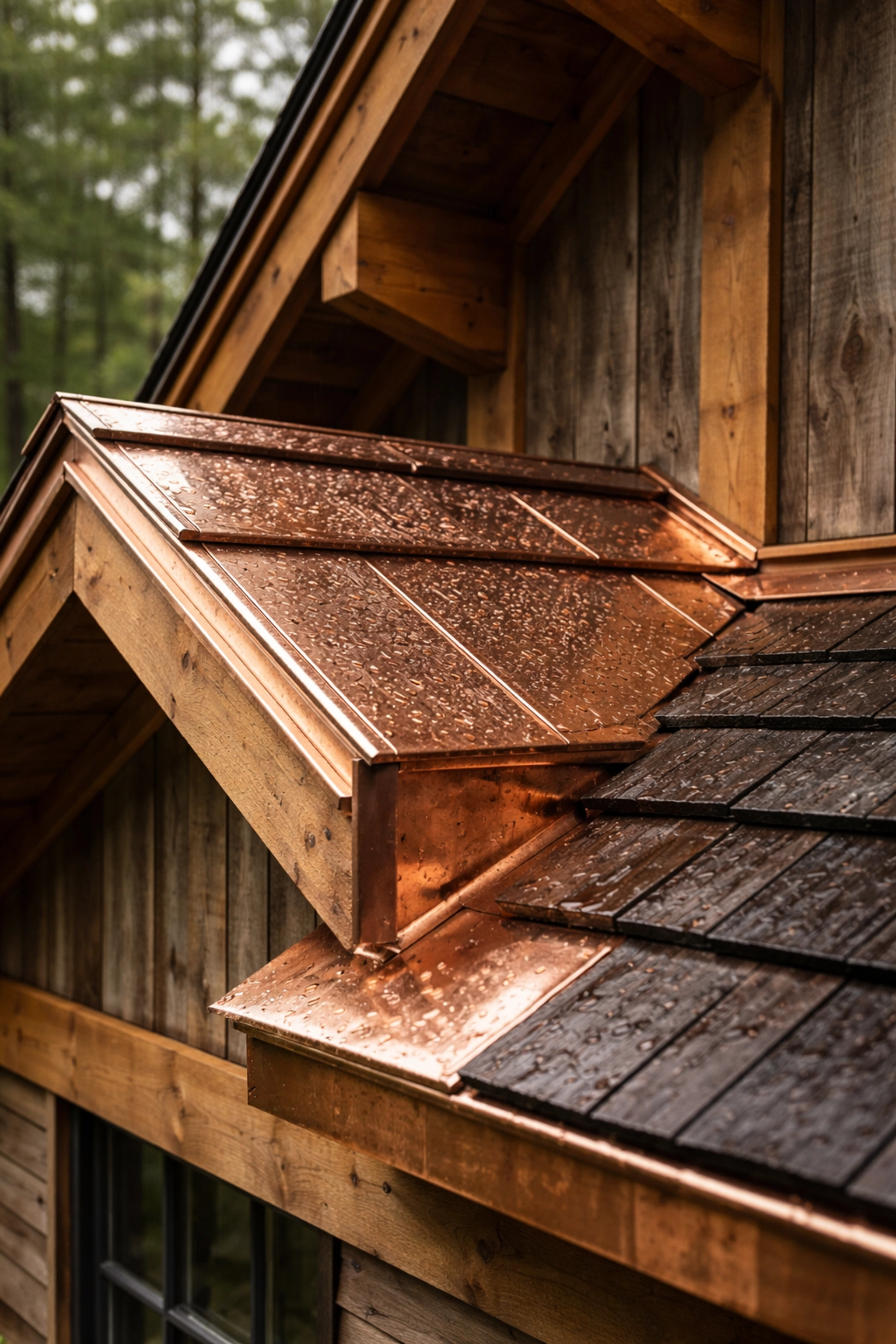 Detail of copper flashing and cedar shingles on a wooded retreat, showcasing expert craftsmanship and moisture protection.