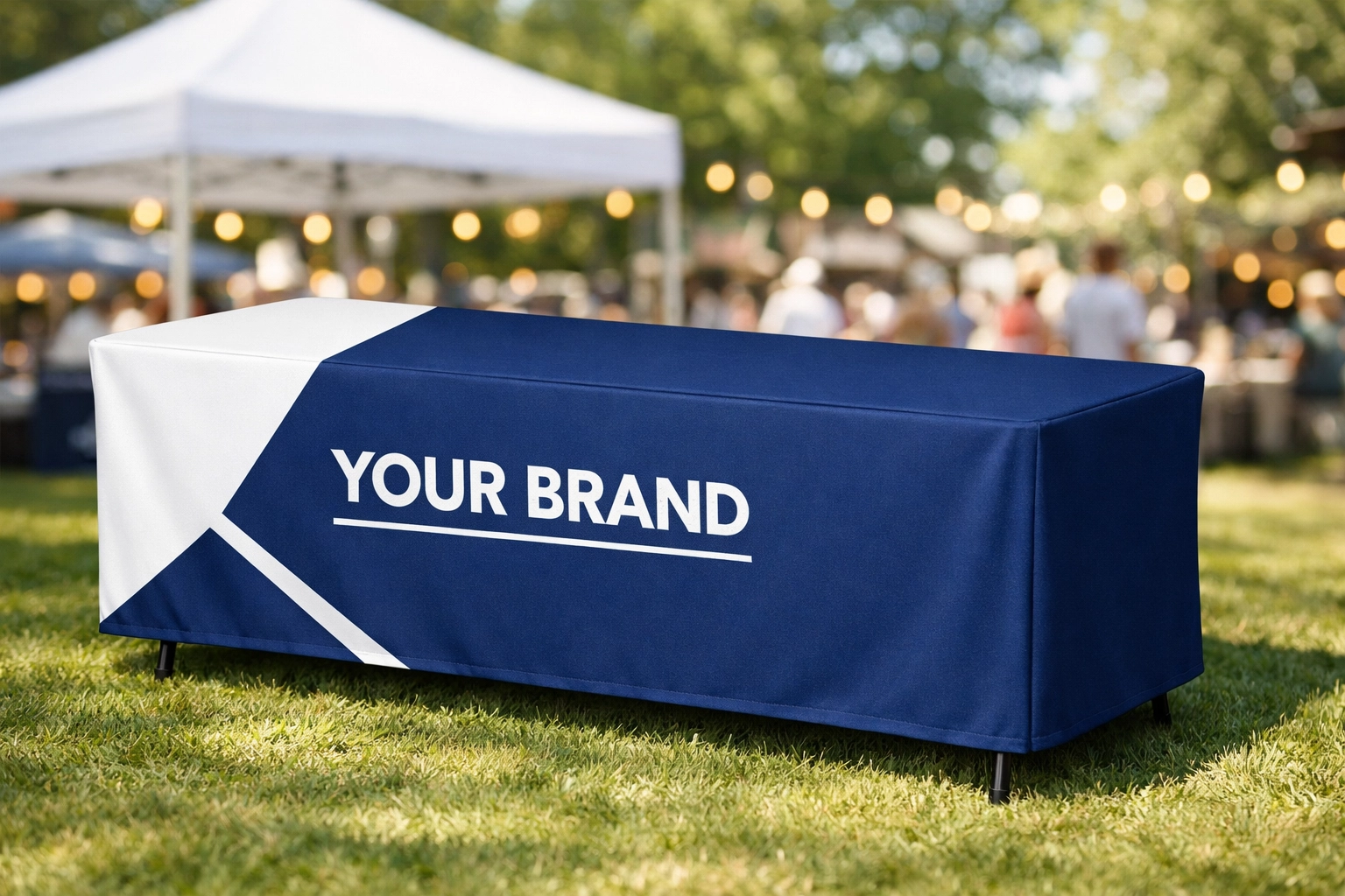 Custom printed tablecloth with logo on table at outdoor market booth