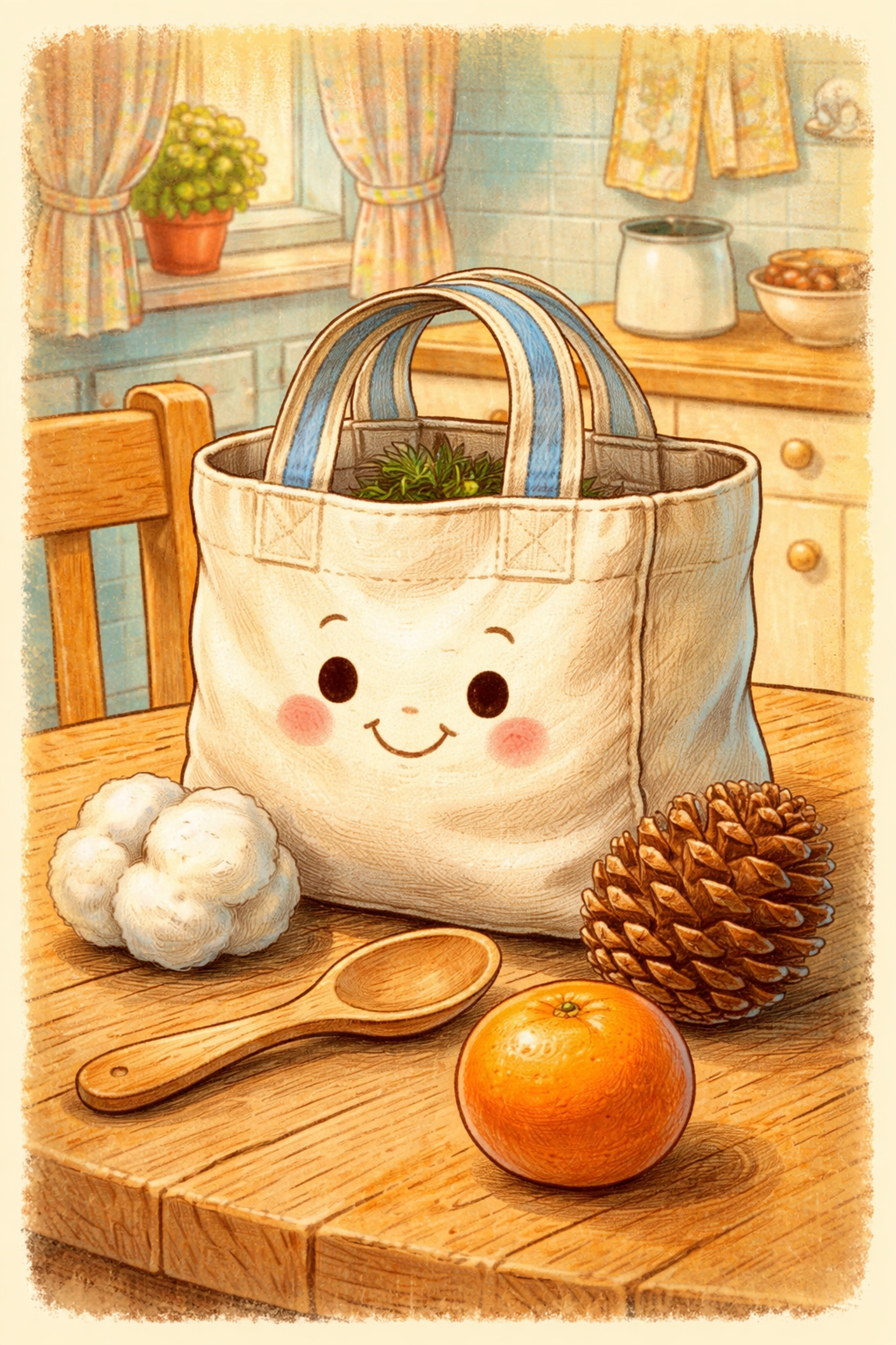 Cloth tote bag on a kitchen table surrounded by textured objects for the Mystery Texture Bag Game