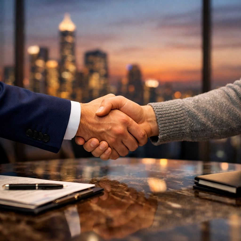 Business partnership handshake following a successful ServiceNow implementation and ROI license audit.