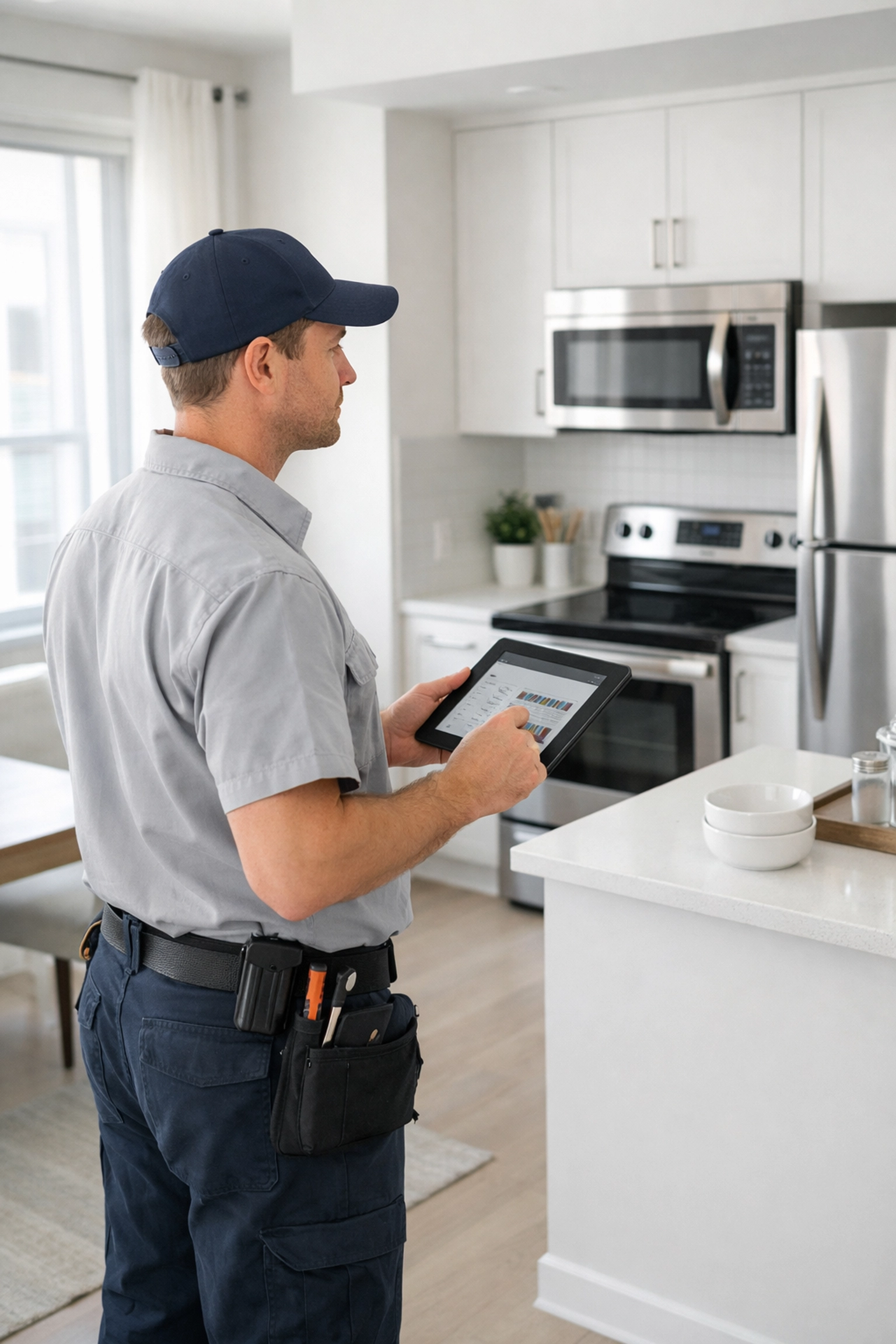 Maintenance technician using tablet to access digital unit profile during apartment turnover