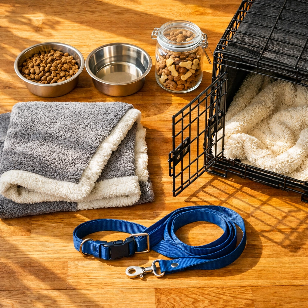 Essential dog fostering supplies including bowls, crate, blanket, and leash laid out for new foster dog