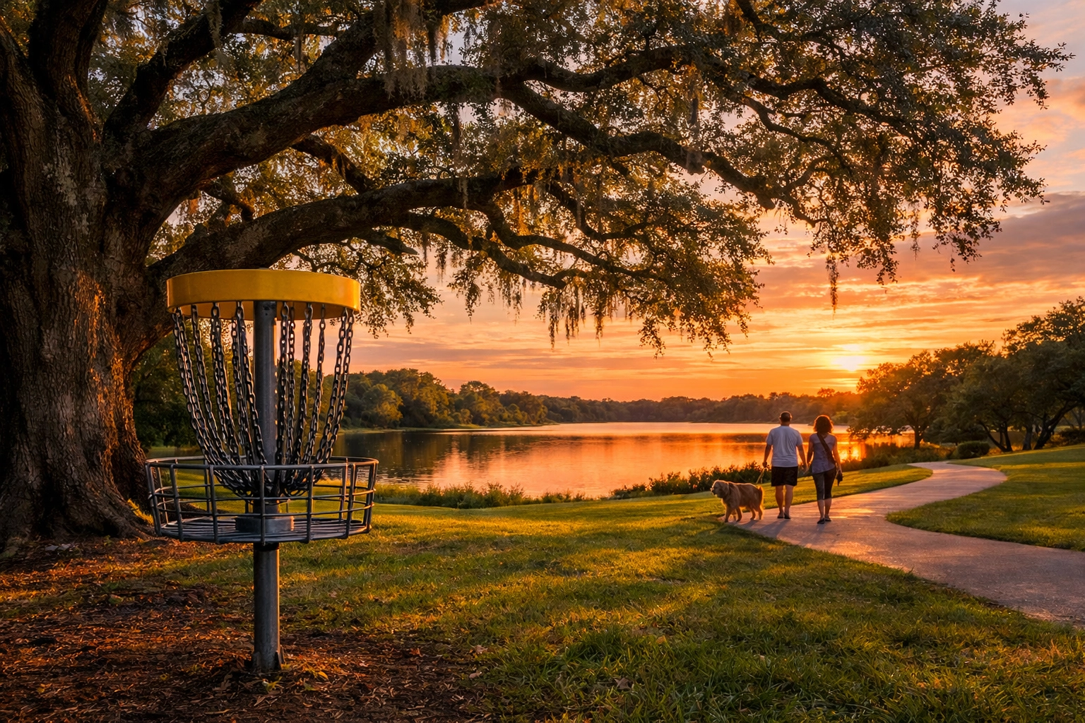 Live Oak Park lake at sunset featuring disc golf and scenic walking trails in Live Oak Texas.