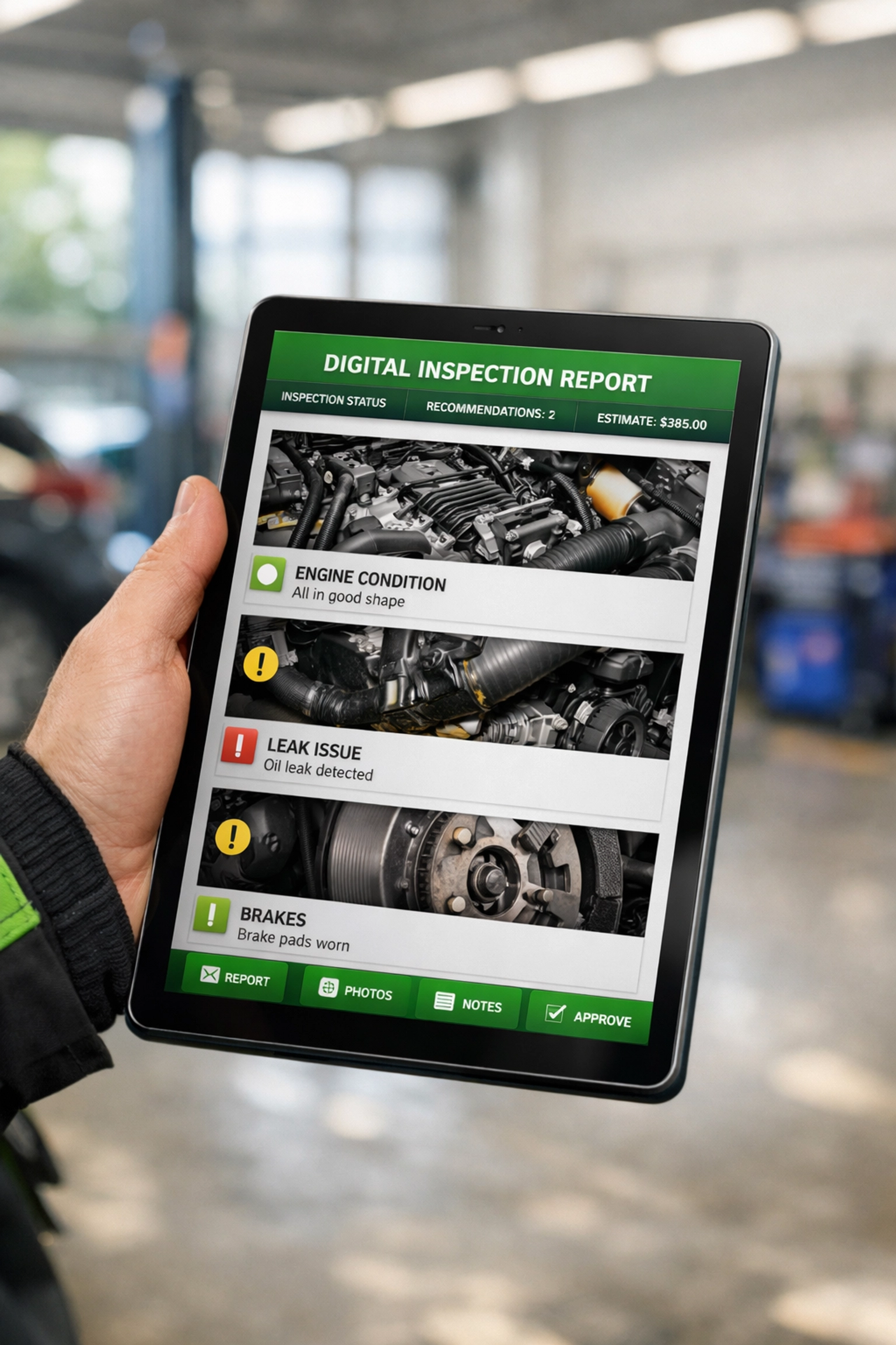 A Niagara Falls mechanic uses a tablet to review a detailed digital vehicle inspection report in a modern shop.