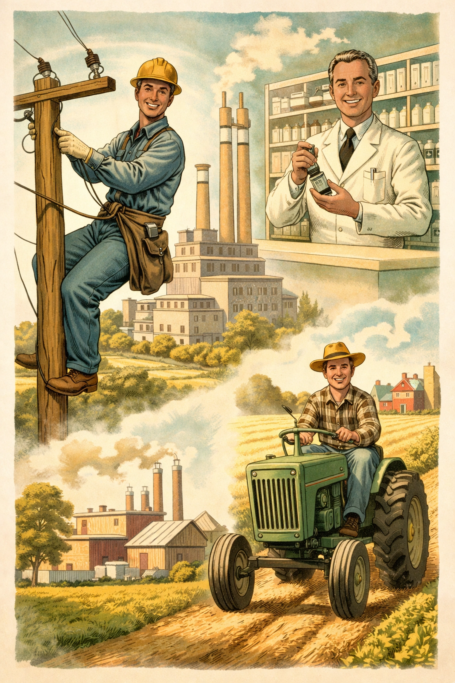 Vintage-style illustration of thriving utility and industrial workers, highlighting investment shift from tech to traditional industries.