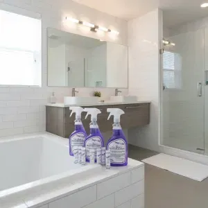 A clean bathroom scene showing the polished, guest-ready result of a sustainable cleaning system